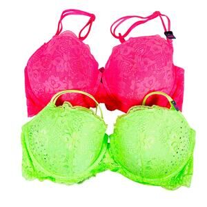 La Senza Bra Lot 2 Size 34DD Neon Green Pink Padded Underwire Push Up Lace New